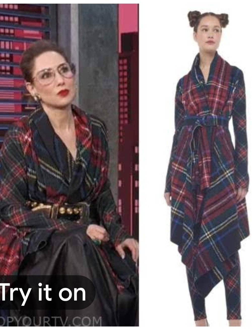 Norma Kamali Navy Blue and Red Plaid Wrap Coat